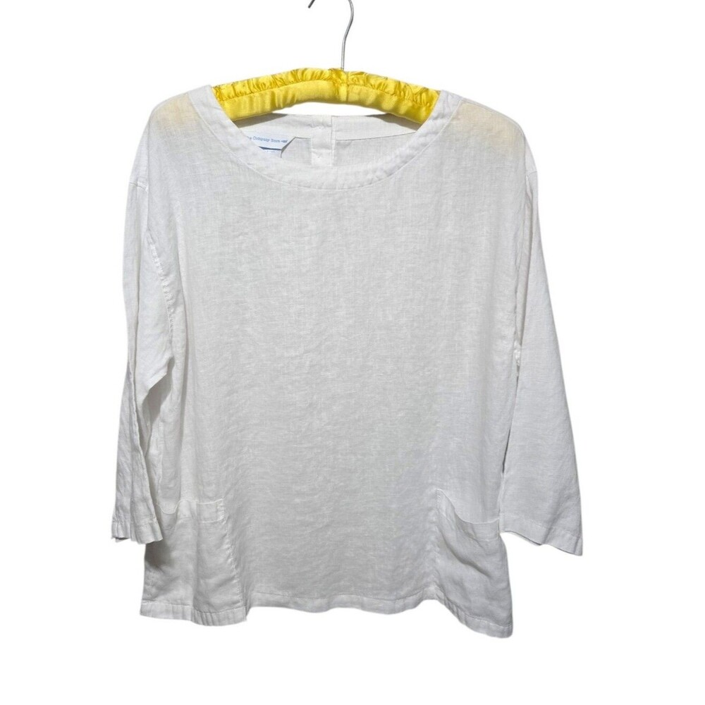The Company Store White Linen Scoop Neck Pop-Over Tunic Top Pockets SIze Large